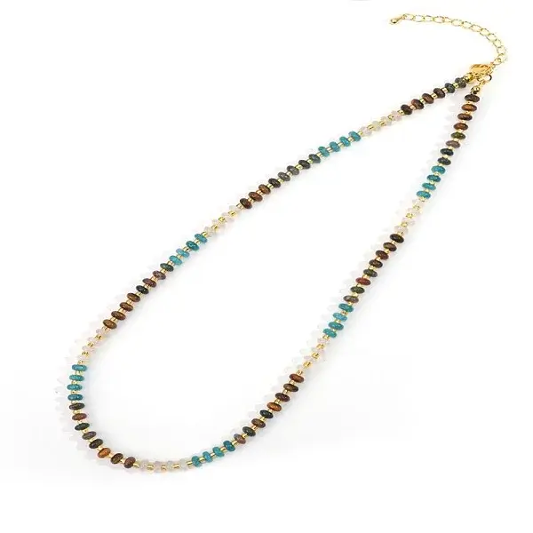 Colorful Natural Apatite & Tiger Eye & Quartz Crystal Rondelle Beaded Necklaces for Summer Beach Style