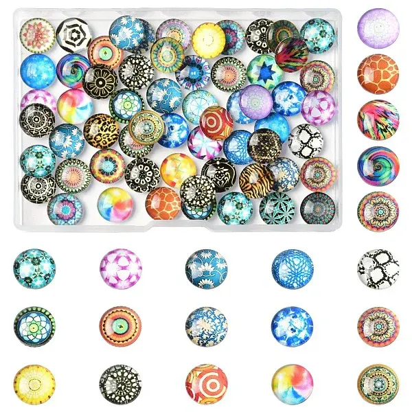 60Pcs Printed Glass Half Round Cabochons