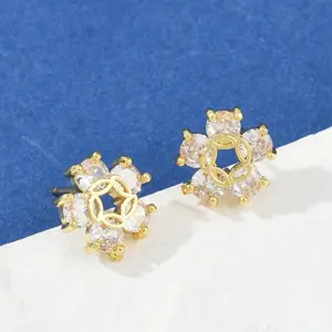 Flower Brass Micro Pave Clear Cubic Zirconia Stud Earrings