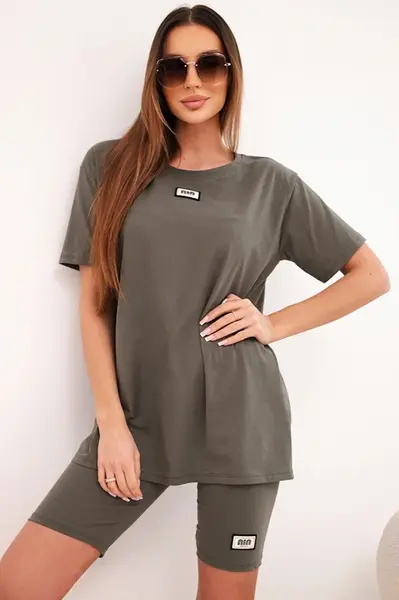 Kesi Włoski Dámský bavlněný komplet s krátkým rukávem a šortkami khaki