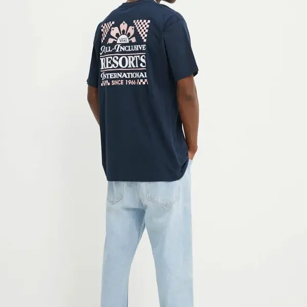 Bavlněné tričko Vans tmavomodrá barva, s potiskem