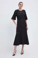 Šaty s příměsí lnu BOSS černá barva, midi, 50512807