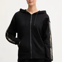 Bavlněná mikina Dkny dámská, černá barva, s kapucí, s aplikací, DP5J9645