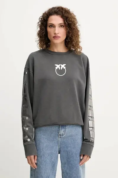 Bavlněná mikina Pinko dámská, šedá barva, s potiskem, 104618 A2V7