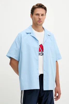 Bavlněná košile adidas Originals Essentials Seersucker Short Sleeve Shirt pánská, modrá barva, relaxed, s klasickým límcem, JD2457