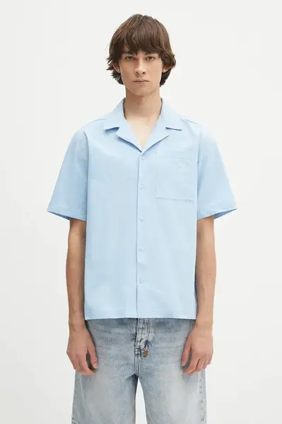 Bavlněná košile adidas Originals Essentials Seersucker Short Sleeve Shirt pánská, modrá barva, relaxed, s klasickým límcem, JD2457