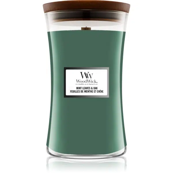 Woodwick Mint Leaves & Oak vonná sviečka s dreveným knotom 609,5 g