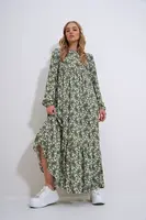 Trend Alaçatı Stili Women's Green Crew Neck Patterned Skirt Flounced Woven Viscose Dress