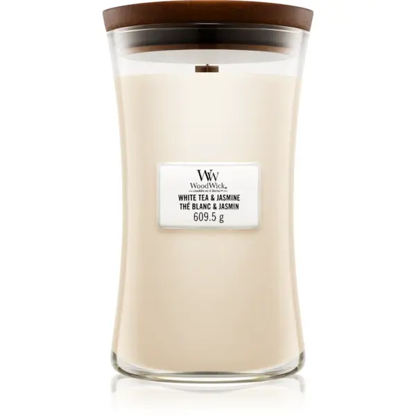 Woodwick White Tea & Jasmine vonná svíčka s dřevěným knotem 609.5 g