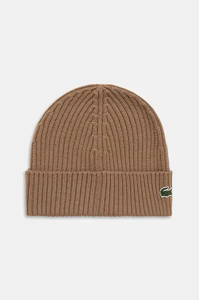 Vlněná čepice Lacoste hnědá barva, z tenké pleteniny, vlněná, RB0001