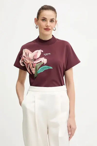 Bavlněné tričko Guess LILY dámské, vínová barva, W5BI16 I3Z14