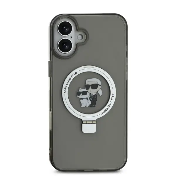 Zadní kryt Karl Lagerfeld Ringstand Karl and Choupette MagSafe pro Apple iPhone 16, černá