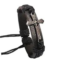 Adjustable Cross with Word Iron Braided Leather Cord Bracelets