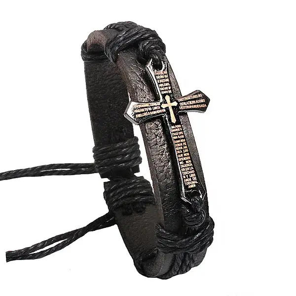 Adjustable Cross with Word Iron Braided Leather Cord Bracelets