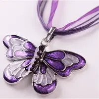 Butterfly Alloy Enamel & Rhinestone Pendant Waxed Cord Necklaces for Women