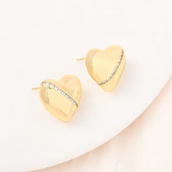 Heart Brass Micro Pave Clear Cubic Zirconia Stud Earrings