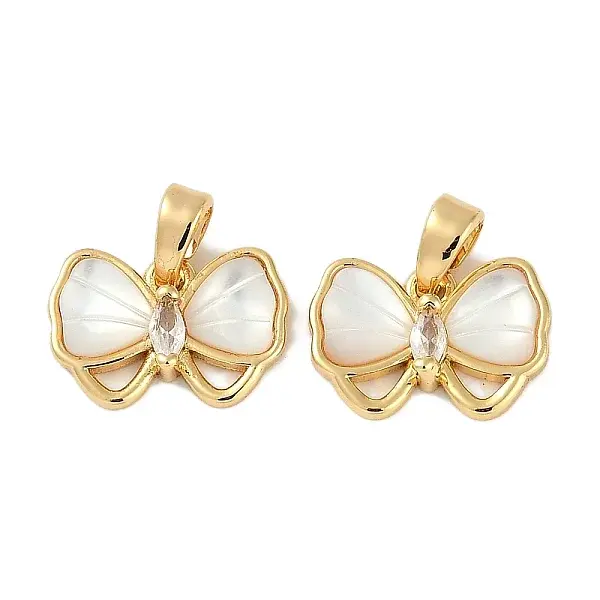 Brass Clear Cubic Zirconia Pave Natural Shell Bowknot Charms