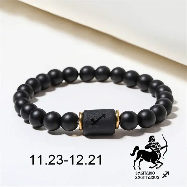 12 Constellations Theme Frosted Black Stone Round Beaded Stretch Bracelets for Women Men