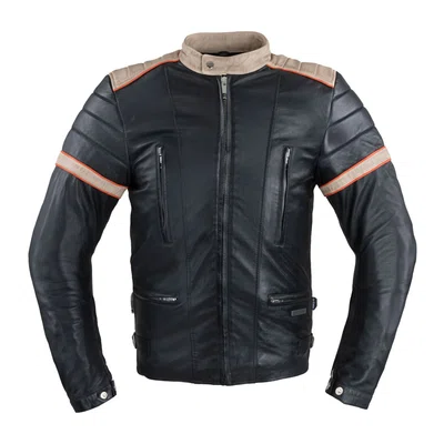 Pánská kožená bunda W-TEC Hellsto černá s béžovým a oranžovým pruhem 5XL