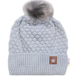 Baby Nellys Zimní čepice Star s chlupáčkovou bambulkou - šedá