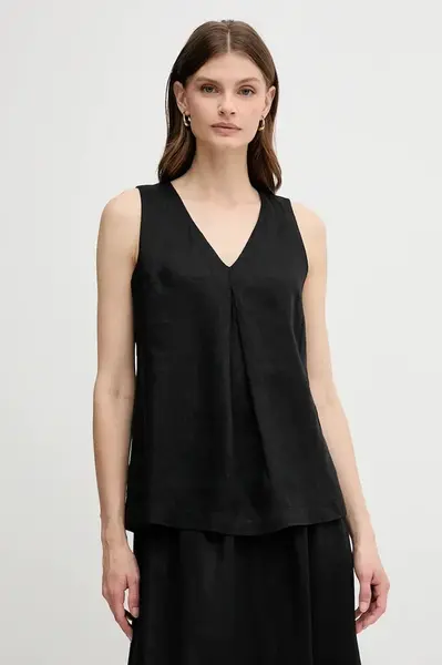 Lněná halenka United Colors of Benetton černá barva, hladká, 5BMLDQ06W