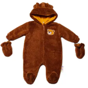 Baby Nellys Chlupáčkový overal Luna s kapucí + rukavičky, Medvídek, hnědý vel.  68