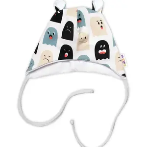 Baby Nellys Kojenecká čepička s oušky na zavazování - Příšerky, bílá/mátová