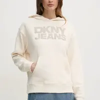 Bavlněná mikina Dkny dámská, béžová barva, s kapucí, s aplikací, DJ4T1299