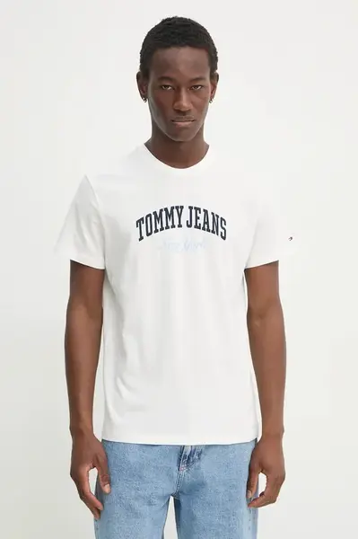 Bavlněné tričko Tommy Jeans béžová barva, s potiskem, DM0DM20362