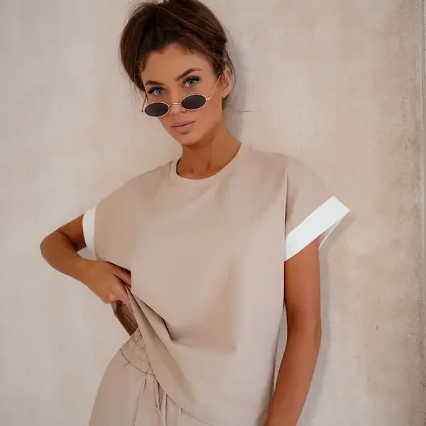 Resti Women's Cotton Set with Short Sleeves and Flared Pants