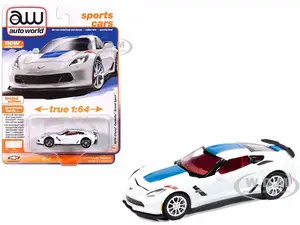 2018 Chevrolet Corvette Grand Sport Arctic White with Blue Stripe and Red Interior "Sports Cars" Series 1/64 Diecast Model Car by Auto World