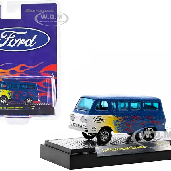 1965 Ford Econoline Van Gasser Blue Metallic with Flames Limited Edition to 6050 pieces Worldwide 1/64 Diecast Model Car by M2 Machines
