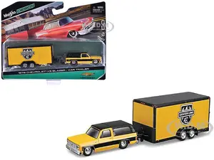 1979 Chevrolet K5 Blazer Yellow with Black Top and Stripes with Enclosed Car Trailer Yellow and Black "Center Line" "Tow &amp; Go" Series 1/64 Diecas