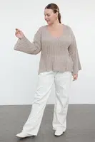 Trendyol Curve Stone V Neck Ribbed Knitwear Sweater