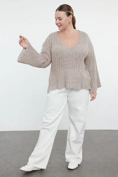 Trendyol Curve Stone V Neck Ribbed Knitwear Sweater