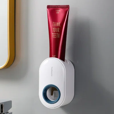 Automatic Toothpaste Squeezer Wall Mounted Toothpaste Dispenser Toothbrush Holder Bathroom Accessories - White + Blue