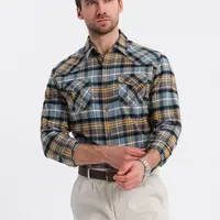 Ombre Men's checkered flannel shirt with pockets - gray-yellow