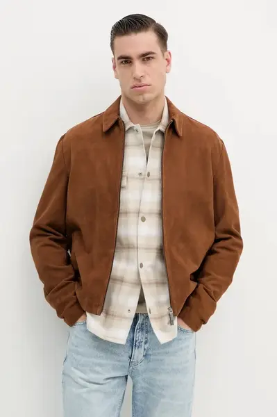 Semišová bunda Calvin Klein hnědá barva, přechodná, K10K114110