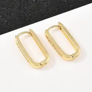 Rectangle Brass Cubic Zirconia Hoop Earrings