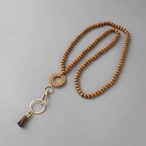 Wood Round Beaded Name Card Strap