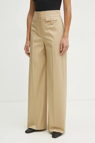 Kalhoty BOSS dámské, béžová barva, jednoduché, high waist, 50537462
