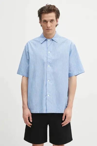 Bavlněná košile Norse Projects Mads Poplin Stripe SS pánská, modrá barva, relaxed, s klasickým límcem, N40.0831.7000