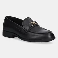 Kožené mokasíny Tommy Hilfiger TH LOGO LEATHER LOAFER dámské, černá barva, na plochém podpatku, FW0FW08705