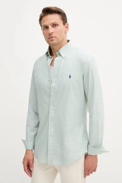 Bavlněná košile Polo Ralph Lauren pánská, zelená barva, slim, s límečkem button-down, 710929347