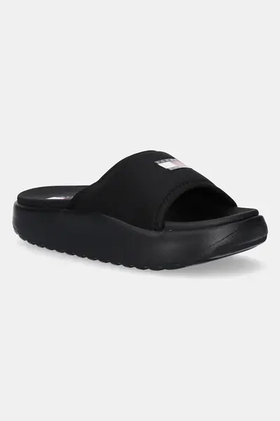 Pantofle Tommy Jeans COMFY POOL SLIDE dámské, černá barva, na platformě, EN0EN02765