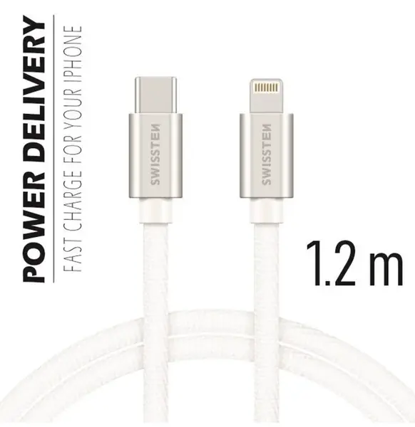 Swissten datový kabel textil, USB-C / Lightning, 1,2m, stříbrný
