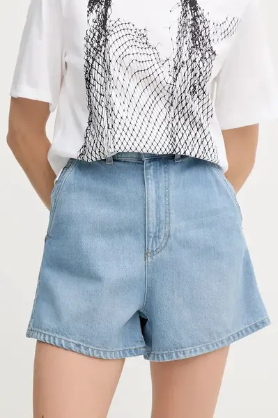 Džínové šortky Emporio Armani dámské, modrá barva, high waist, EW001498 AF12675