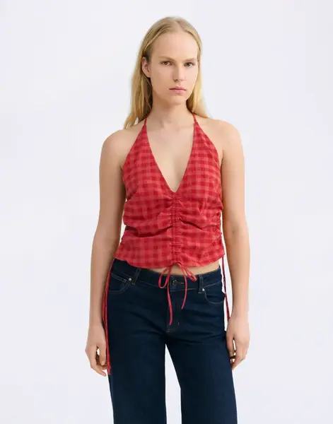 Thinking MU Red Hiba Seersucker Top RED L