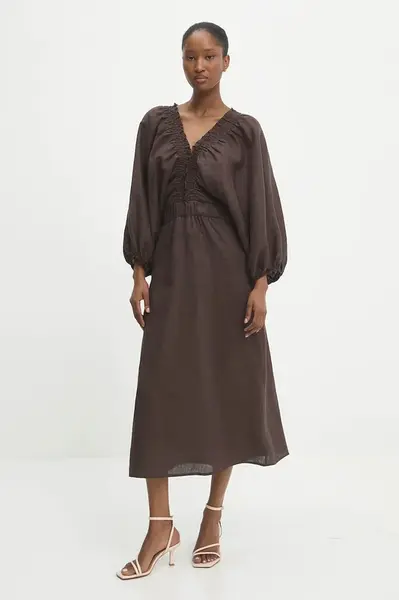 Lněné šaty Answear.LAB hnědá barva, midi