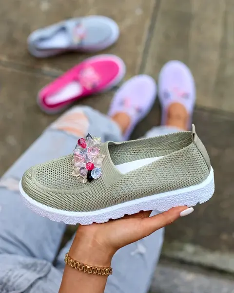 Resti Khaki women's fabric moccasins with crystals Fezens